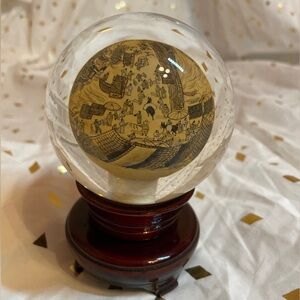 Vintage Reverse Painted Chinese Paperweight on Wooden Stand